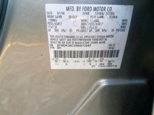 2FMDK38CX8BB13245 - 2008 FORD EDGE SEL SILVER photo 10