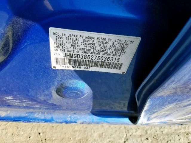 JHMGD38627S036315 - 2007 HONDA FIT S 蓝色 照片 10