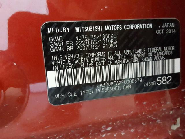 JA32U8FWXFU008579 - 2015 MITSUBISHI LANCER GT RED photo 10