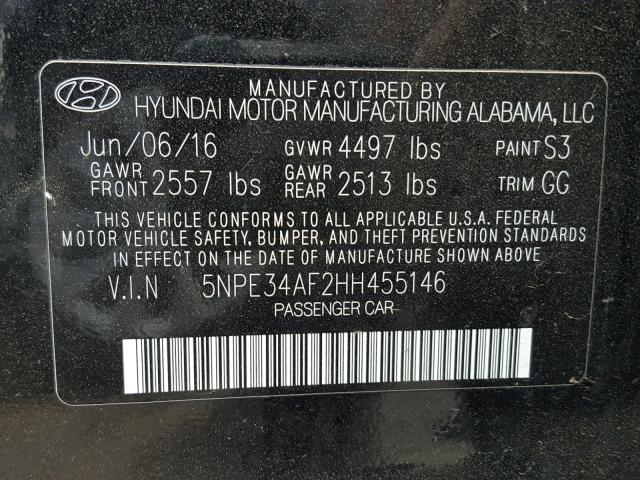 5NPE34AF2HH455146 - 2017 HYUNDAI SONATA SPO BLACK photo 10