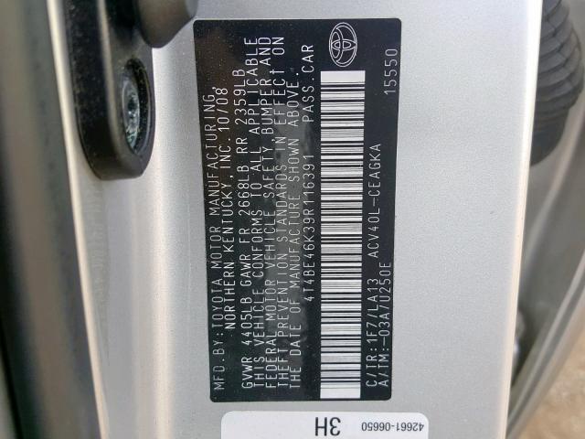 4T4BE46K39R116391 - 2009 TOYOTA CAMRY BASE SILVER photo 10