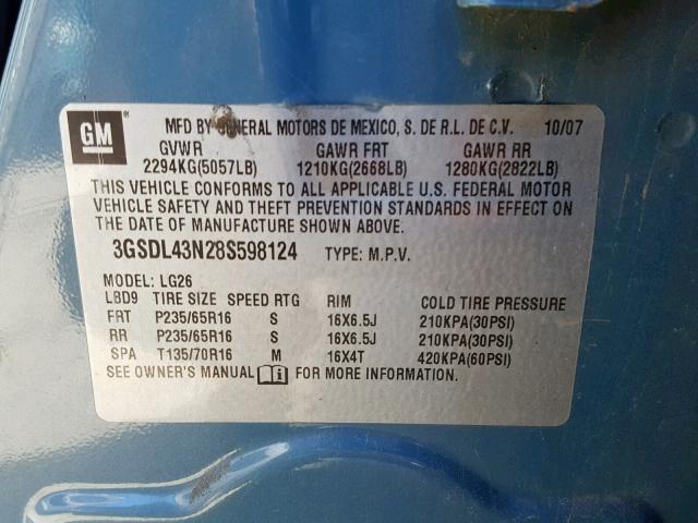 3GSDL43N28S598124 - 2008 SATURN VUE XE TEAL photo 10