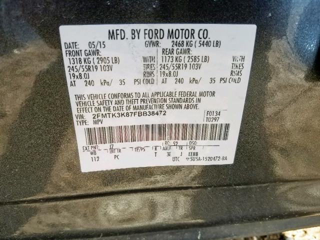 2FMTK3K87FBB38472 - 2015 FORD EDGE TITAN GRAY photo 10