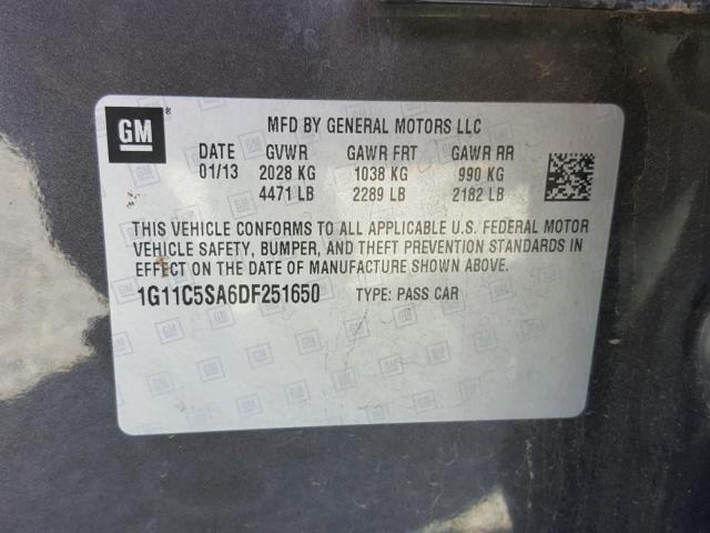 1G11C5SA6DF251650 - 2013 CHEVROLET MALIBU 1LT 灰色 照片 10