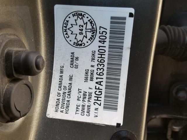 2HGFA16336H014057 - 2006 HONDA CIVIC DX V GRAY photo 10