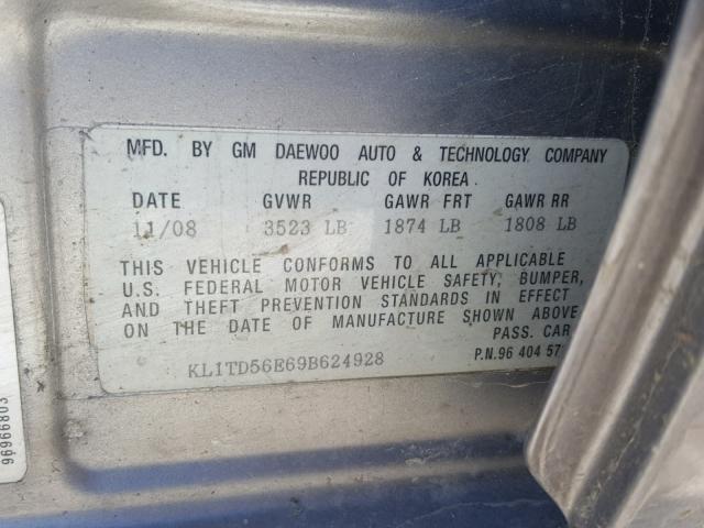 KL1TD56E69B624928 - 2009 CHEVROLET AVEO LS SILVER photo 10