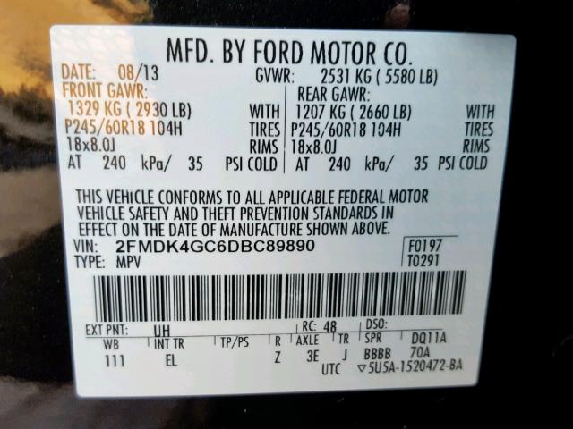 2FMDK4GC6DBC89890 - 2013 FORD EDGE SE BLACK photo 10