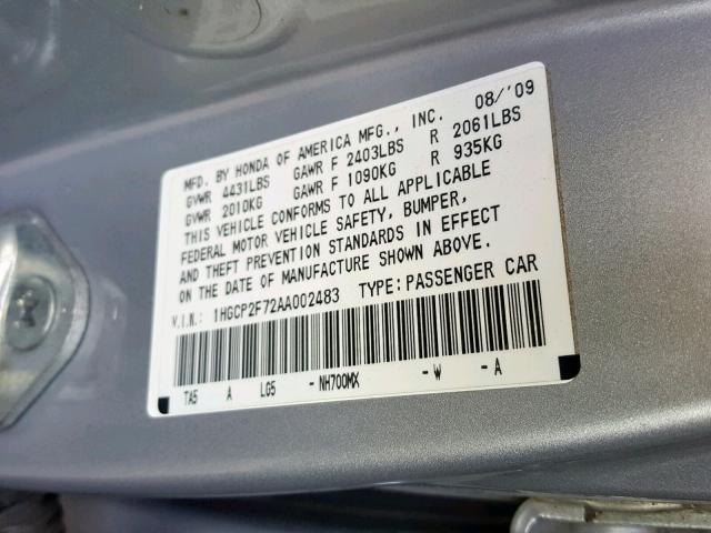 1HGCP2F72AA002483 - 2010 HONDA ACCORD EX SILVER photo 10