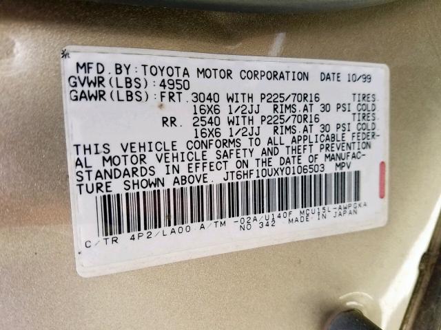 JT6HF10UXY0106503 - 2000 LEXUS RX 300 GOLD photo 10