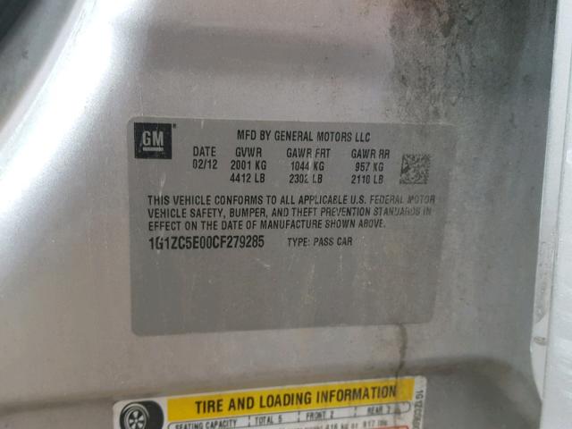 1G1ZC5E00CF279285 - 2012 CHEVROLET MALIBU 1LT SILVER photo 10