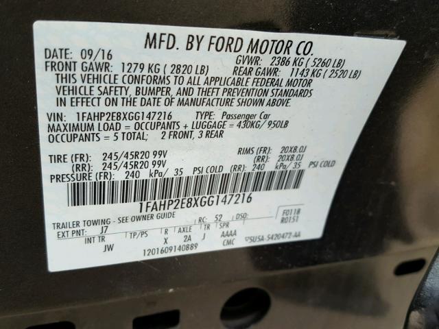 1FAHP2E8XGG147216 - 2016 FORD TAURUS SEL GRAY photo 10