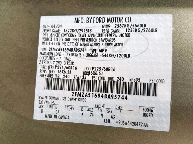 2FMZA51694BA95744 - 2004 FORD FREESTAR S GREEN photo 10