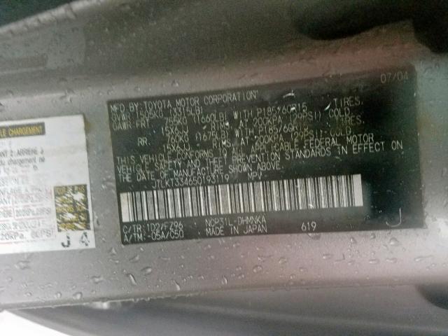 JTLKT334650193119 - 2005 TOYOTA SCION XB ვერცხლისფერი ფოტო 10