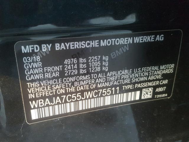 WBAJA7C55JWC75511 - 2018 BMW 530 XI BLACK photo 10