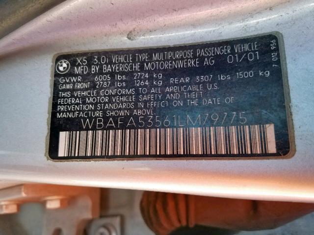 WBAFA53561LM79775 - 2001 BMW X5 3.0I SILVER photo 10