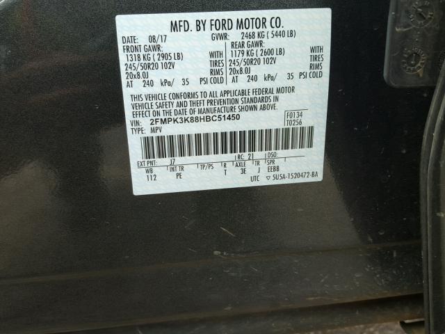 2FMPK3K88HBC51450 - 2017 FORD EDGE TITAN CHARCOAL photo 10