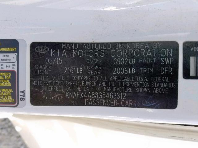 KNAFX4A83G5463312 - 2016 KIA FORTE EX WHITE photo 10