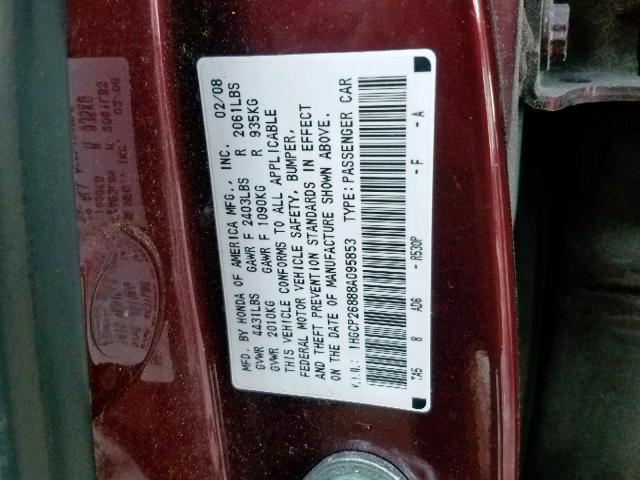 1HGCP26888A095853 - 2008 HONDA ACCORD EXL RED photo 10