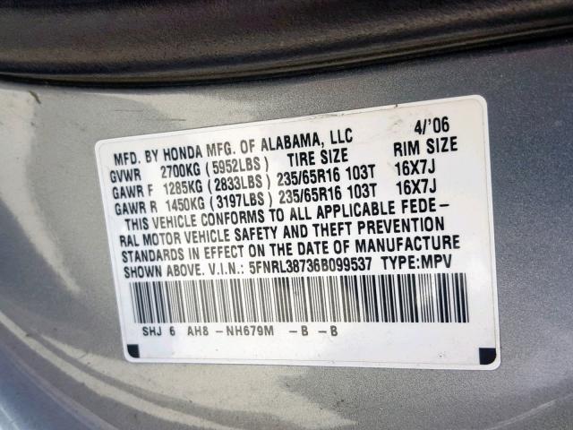 5FNRL38736B099537 - 2006 HONDA ODYSSEY EX GRAY photo 10