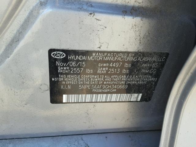 5NPE34AF9GH340669 - 2016 HYUNDAI SONATA SPO SILVER photo 10