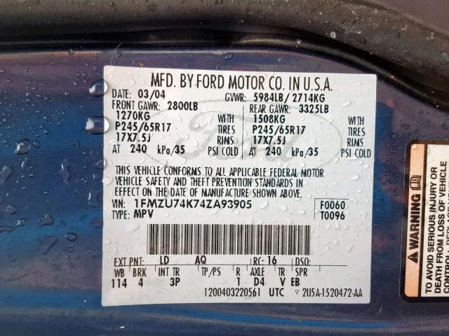 1FMZU74K74ZA93905 - 2004 FORD EXPLORER E BLUE photo 10