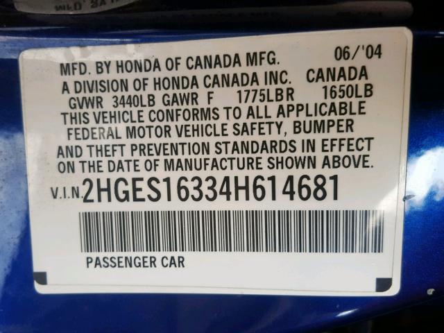 2HGES16334H614681 - 2004 HONDA CIVIC DX V BLUE photo 10