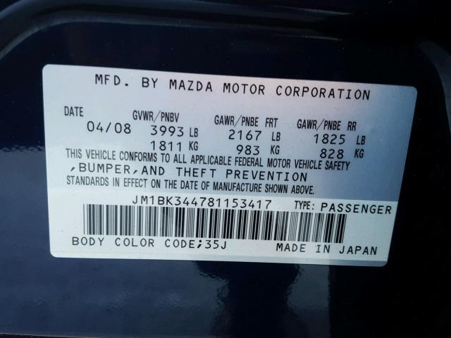 JM1BK344781153417 - 2008 MAZDA 3 HATCHBAC BLUE photo 10