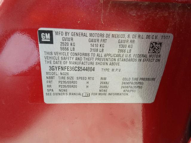 3GYFNFE36CS544804 - 2012 CADILLAC SRX PREMIU RED photo 10