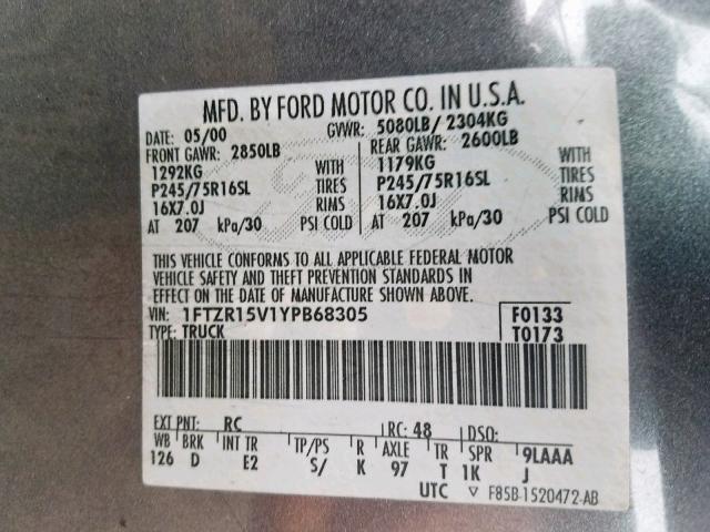 1FTZR15V1YPB68305 - 2000 FORD RANGER SUP GRAY photo 10