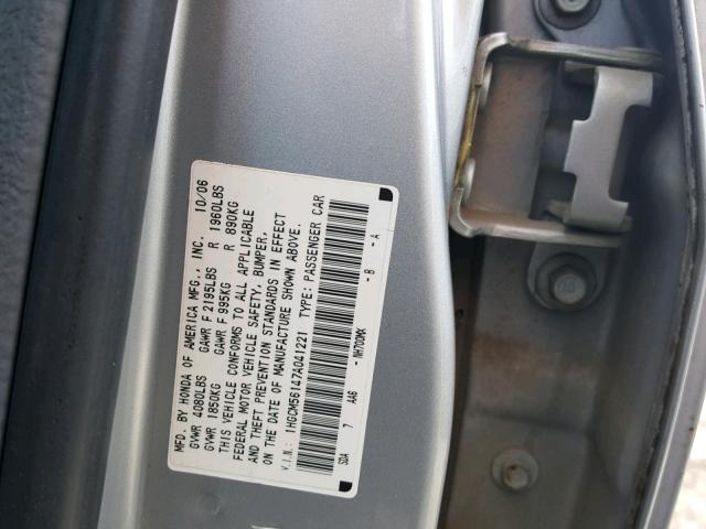 1HGCM56147A041221 - 2007 HONDA ACCORD VAL SILVER photo 10