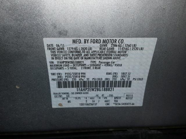 1FAHP2EW2BG188821 - 2011 FORD TAURUS SEL SILVER photo 10