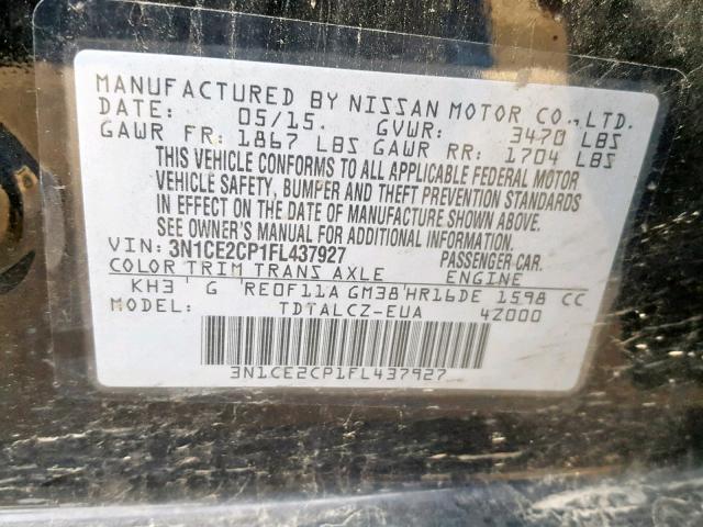 3N1CE2CP1FL437927 - 2015 NISSAN VERSA NOTE BLACK photo 10