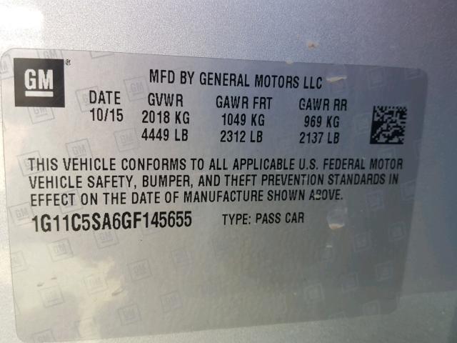 1G11C5SA6GF145655 - 2016 CHEVROLET MALIBU LIM 银色 照片 10