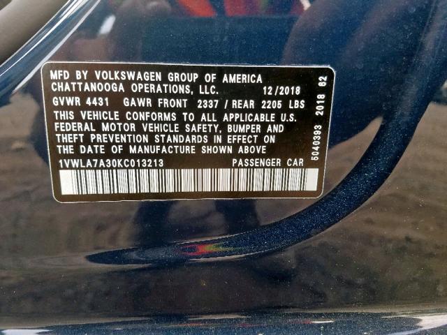 1VWLA7A30KC013213 - 2019 VOLKSWAGEN PASSAT WOL BLUE photo 10