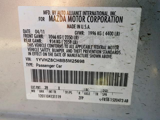 1YVHZ8CH8B5M25698 - 2011 MAZDA 6 I SILVER photo 10