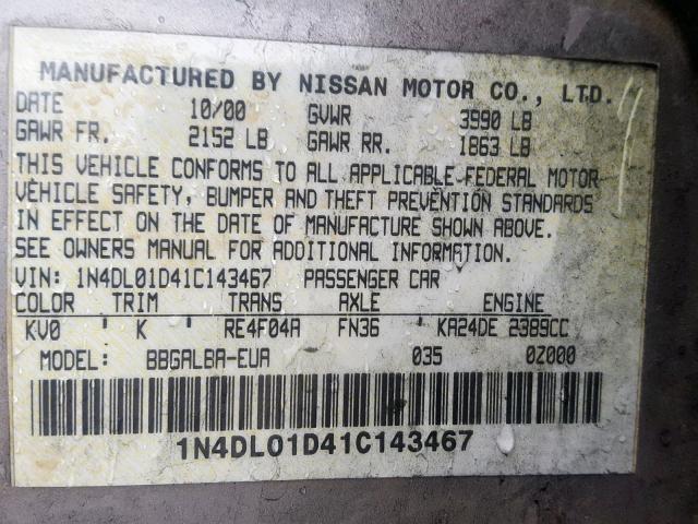 1N4DL01D41C143467 - 2001 NISSAN ALTIMA XE SILVER photo 10