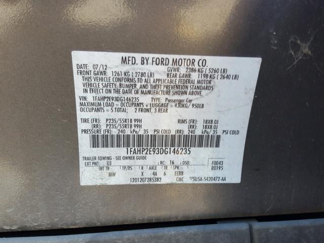 1FAHP2E93DG146235 - 2013 FORD TAURUS SEL GRAY photo 10