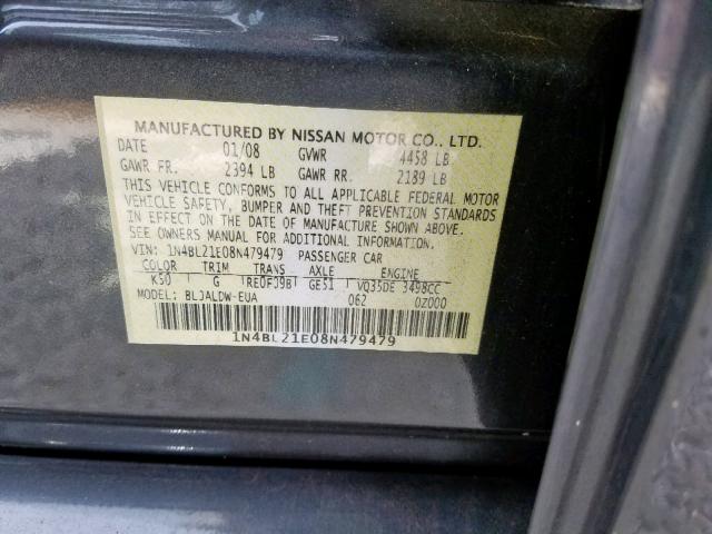 1N4BL21E08N479479 - 2008 NISSAN ALTIMA 3.5 GRAY photo 10