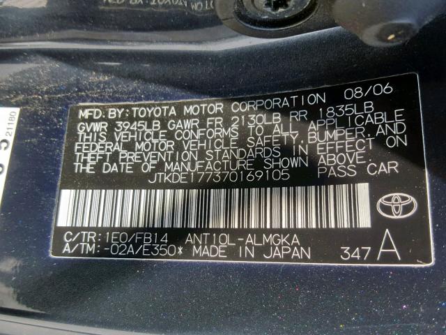 JTKDE177370169105 - 2007 TOYOTA SCION TC ნაცრისფერი ფოტო 10