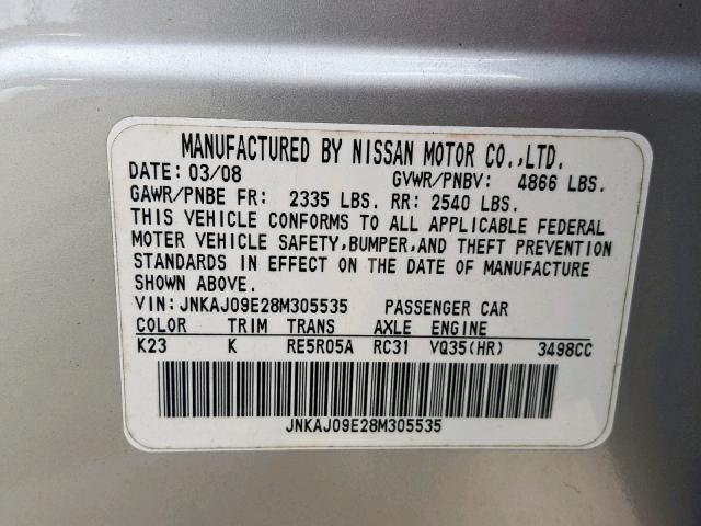 JNKAJ09E28M305535 - 2008 INFINITI EX35 BASE SILVER photo 10