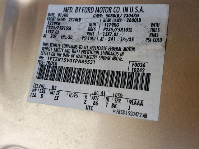 1FTZR15V0YPA85531 - 2000 FORD RANGER SUP TAN photo 10