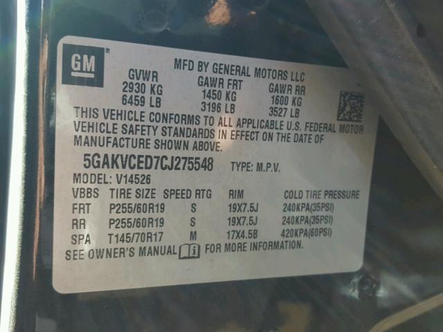 5GAKVCED7CJ275548 - 2012 BUICK ENCLAVE CHARCOAL photo 10