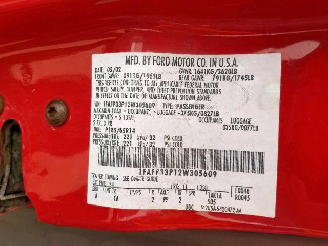 1FAFP33P12W305609 - 2002 FORD FOCUS LX RED photo 10