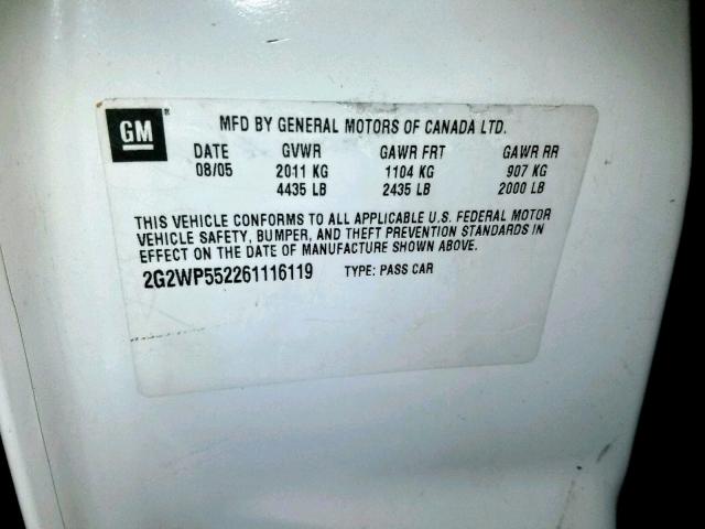 2G2WP552261116119 - 2006 PONTIAC GRAND PRIX WHITE photo 10