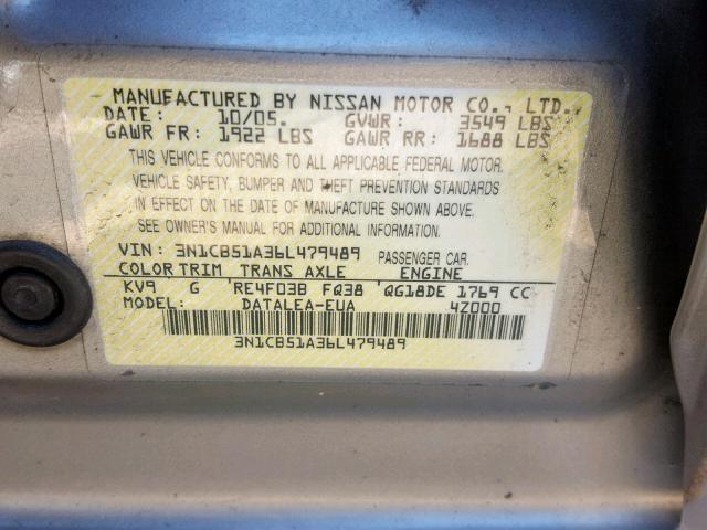 3N1CB51A36L479489 - 2006 NISSAN SENTRA 1.8 BEIGE photo 10