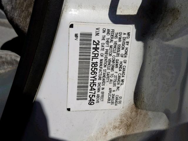 2HKRL1856YH547549 - 2000 HONDA ODYSSEY LX WHITE photo 10