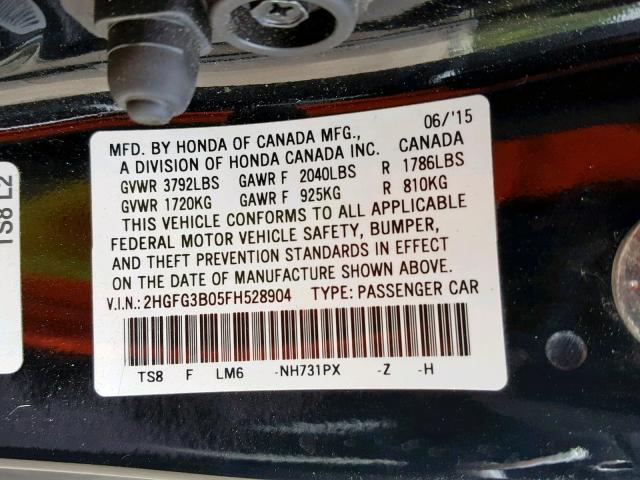 2HGFG3B05FH528904 - 2015 HONDA CIVIC EXL 黑色 照片 10