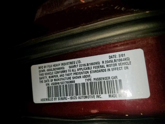 4S3BH675X17653868 - 2001 SUBARU LEGACY OUT MAROON photo 10