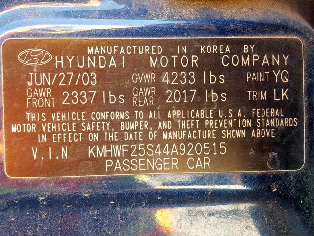 KMHWF25S44A920515 - 2004 HYUNDAI SONATA GL BLUE photo 10