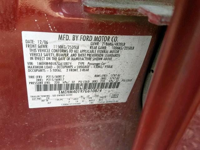 1MEHM40197G610874 - 2007 MERCURY MONTEGO LU RED photo 10